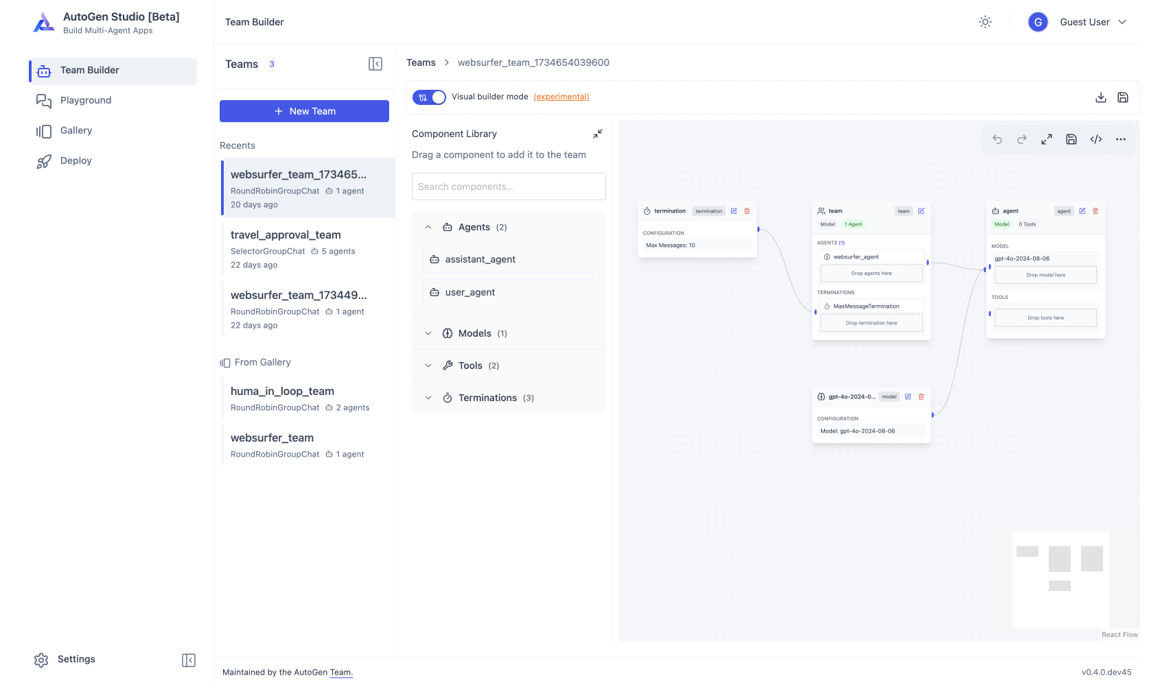 AutoGen Studio — multi-agent workflow builder UI