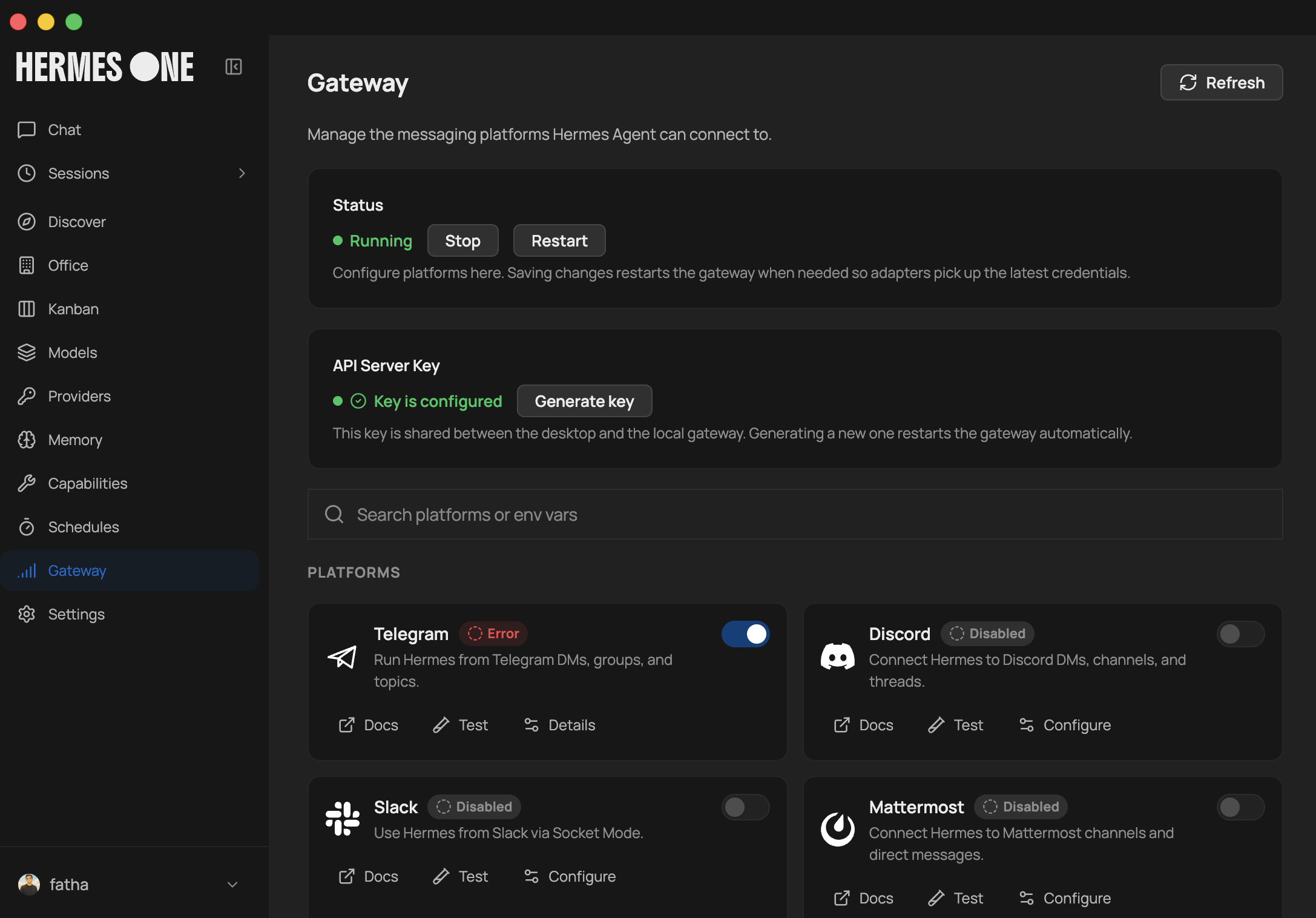 The gateway surface in the Hermes desktop app